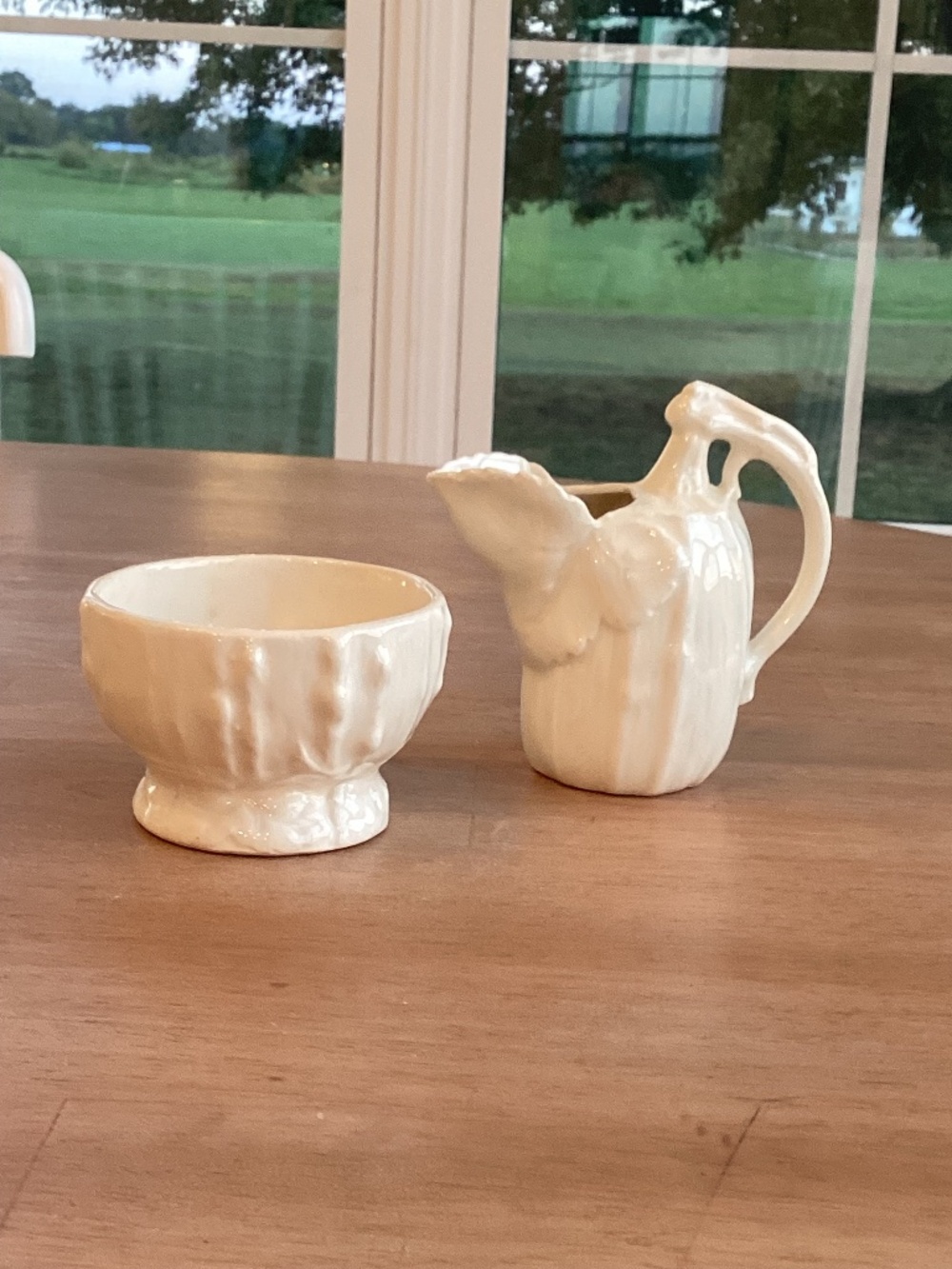 Antique Vtg Czech pottery pumpkin squash white cream & sugar cream set